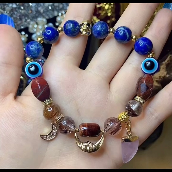 Lapis Lazuli Skull Moon Charm Bracelet - Picture 1 of 5